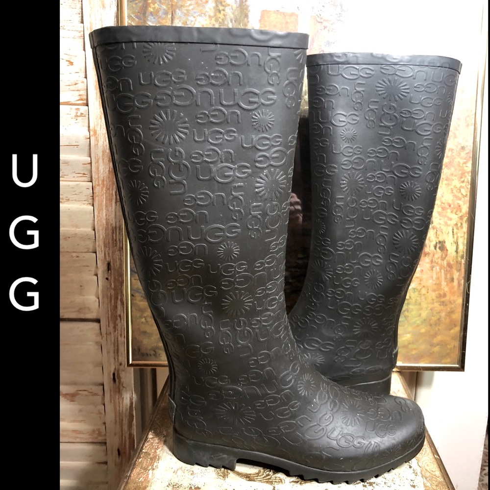 SZ 8-UGG AUSTRALIA DARK BROWN TALL LOGO RAIN BOOTS